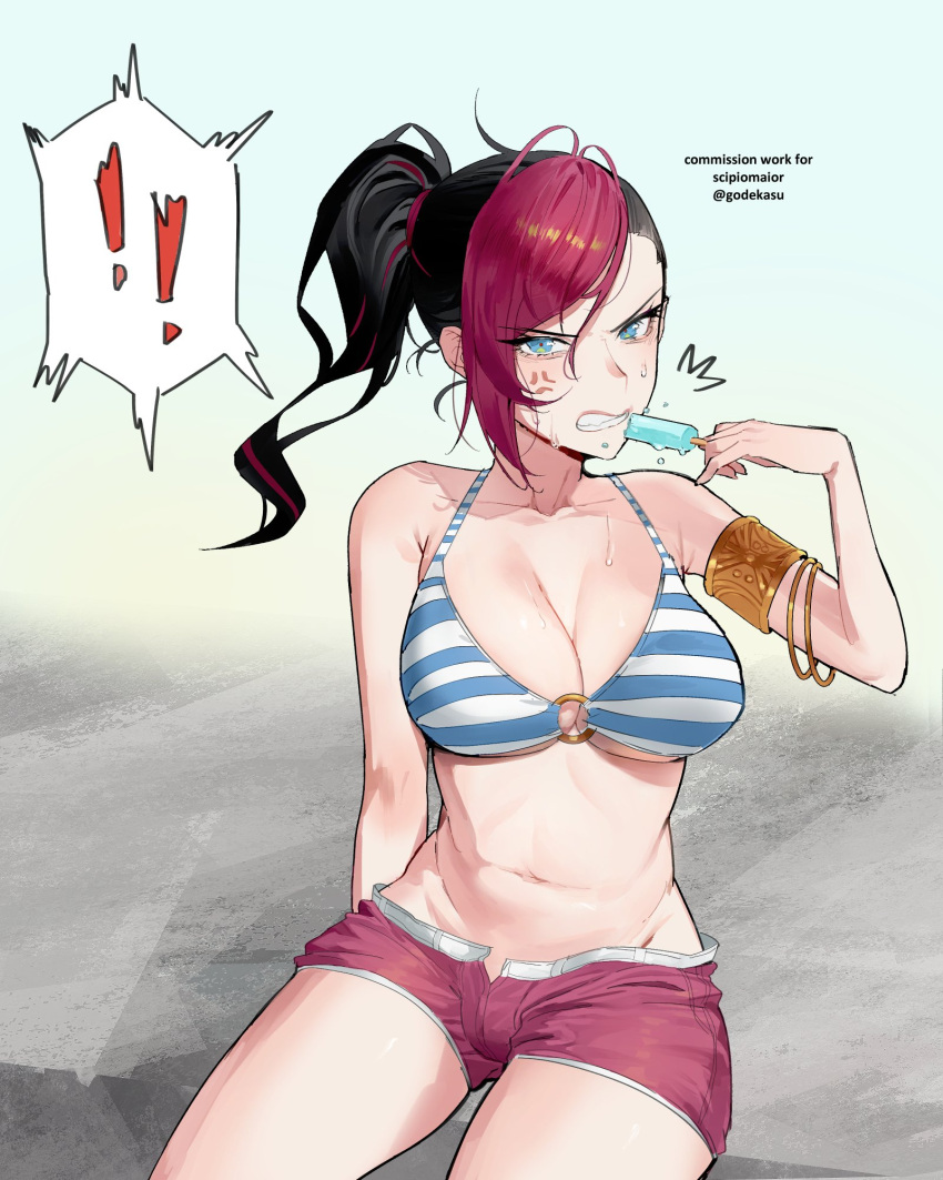 ! !! 1girl 1girl ^^^ anger_vein arm_behind_back armlet bare_shoulders big_breasts bikini bikini_top_only biting black_hair blue_eyes breasts cleavage commentary commission english_commentary fiora_(league_of_legends) food godekasu hand_up high_res holding jewelry league_of_legends looking_at_viewer multicolored_hair navel o-ring o-ring_top pink_hair ponytail popsicle red_shorts short_shorts shorts sitting spoken_exclamation_mark striped_bikini striped_clothes sweat swimsuit twitter_username two-tone_hair v-shaped_eyebrows